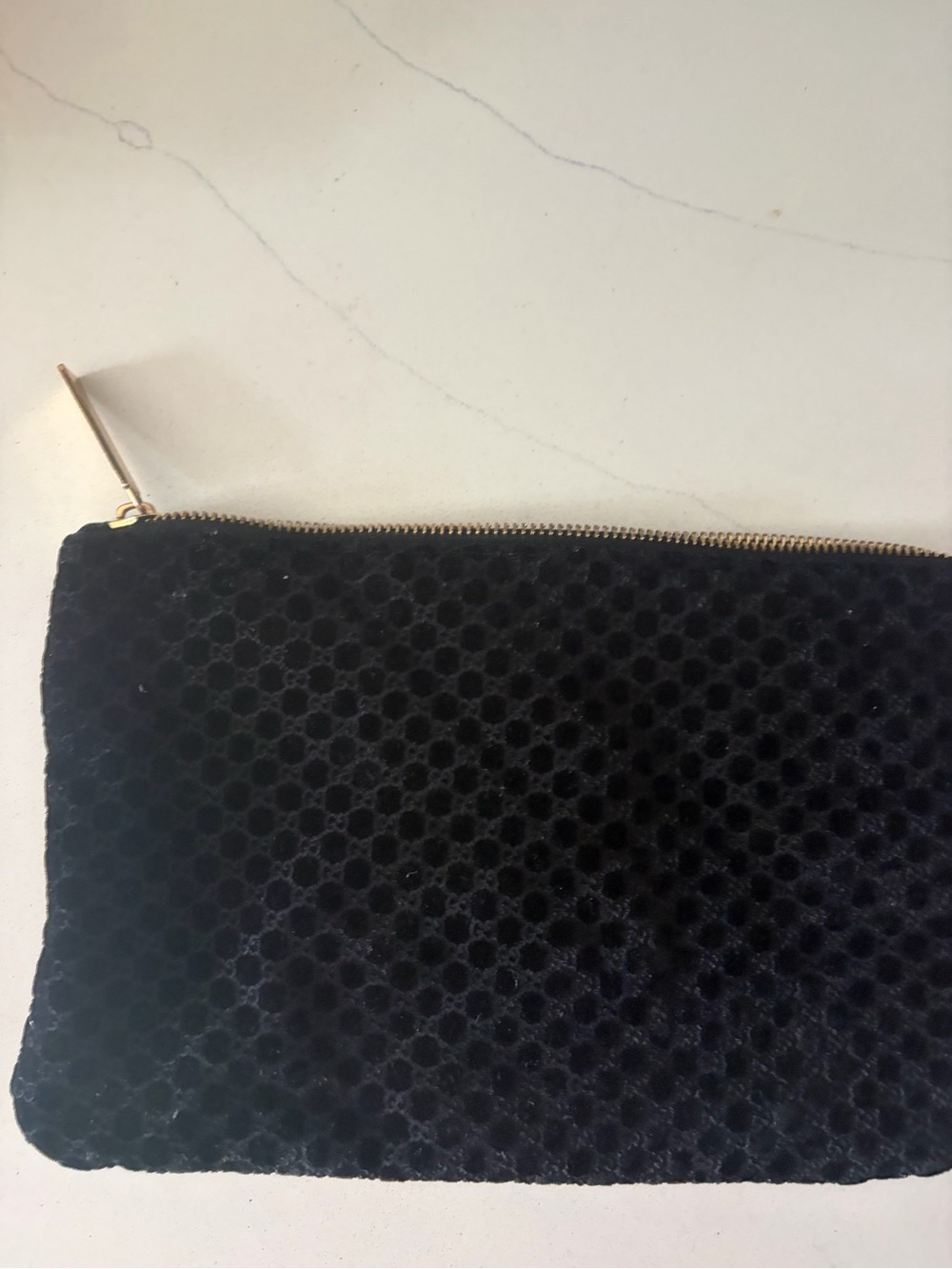Gucci Black Velvet Honeycomb Zip Clutch with Gold Hardware